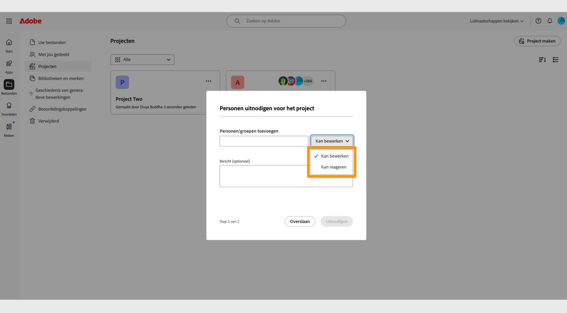 Het gemarkeerde vervolgkeuzemenu in het dialoogvenster stelt je in staat om bewerken- of opmerking-toestemmingen te geven aan je collaboratie-gebruikers. 