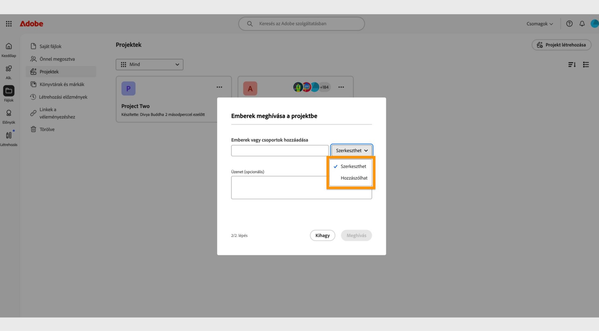 A párbeszédpanelen kiemelt legördülő menü lehetővé teszi szerkesztési vagy megjegyzési engedélyek megadását az együttműködő partnereknek. 
