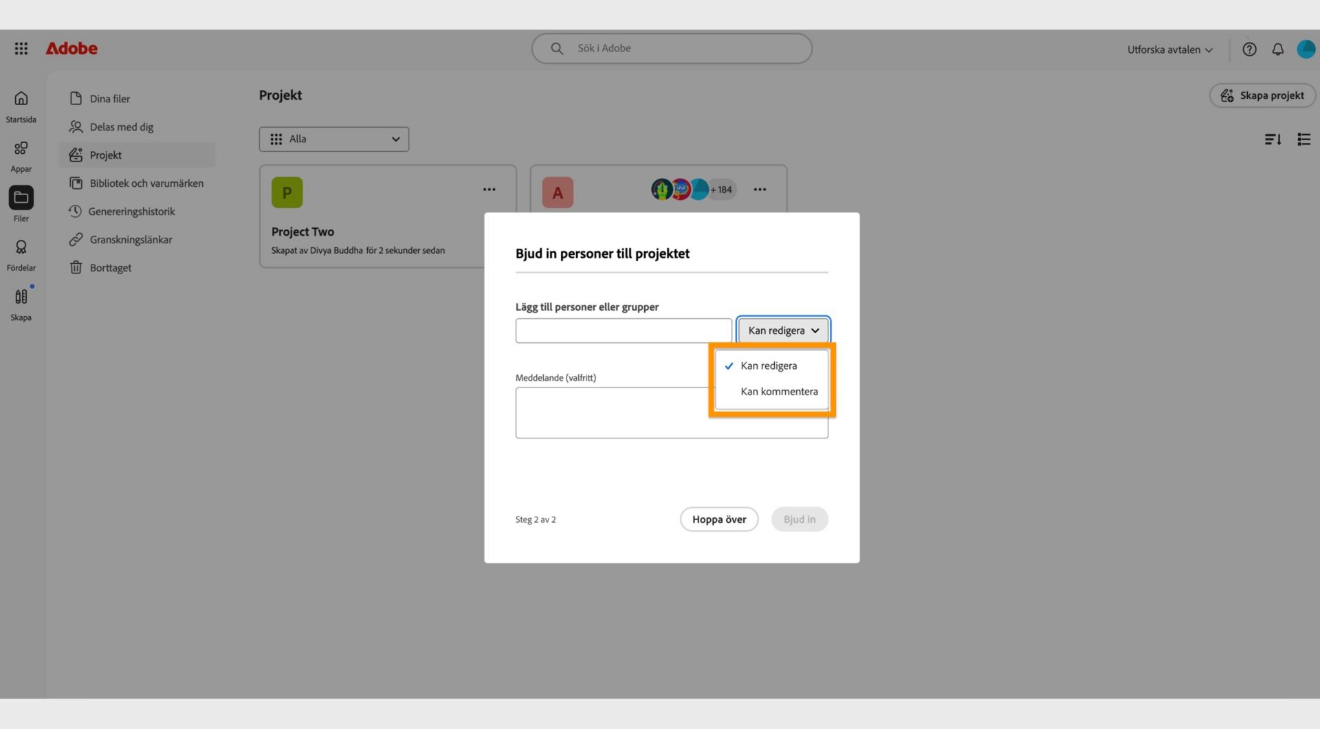 Den markerade rullgardinsmenyn i dialogrutan gör att du kan ge redigerings- eller kommentarsbehörigheter till dina medarbetaranvändare. 