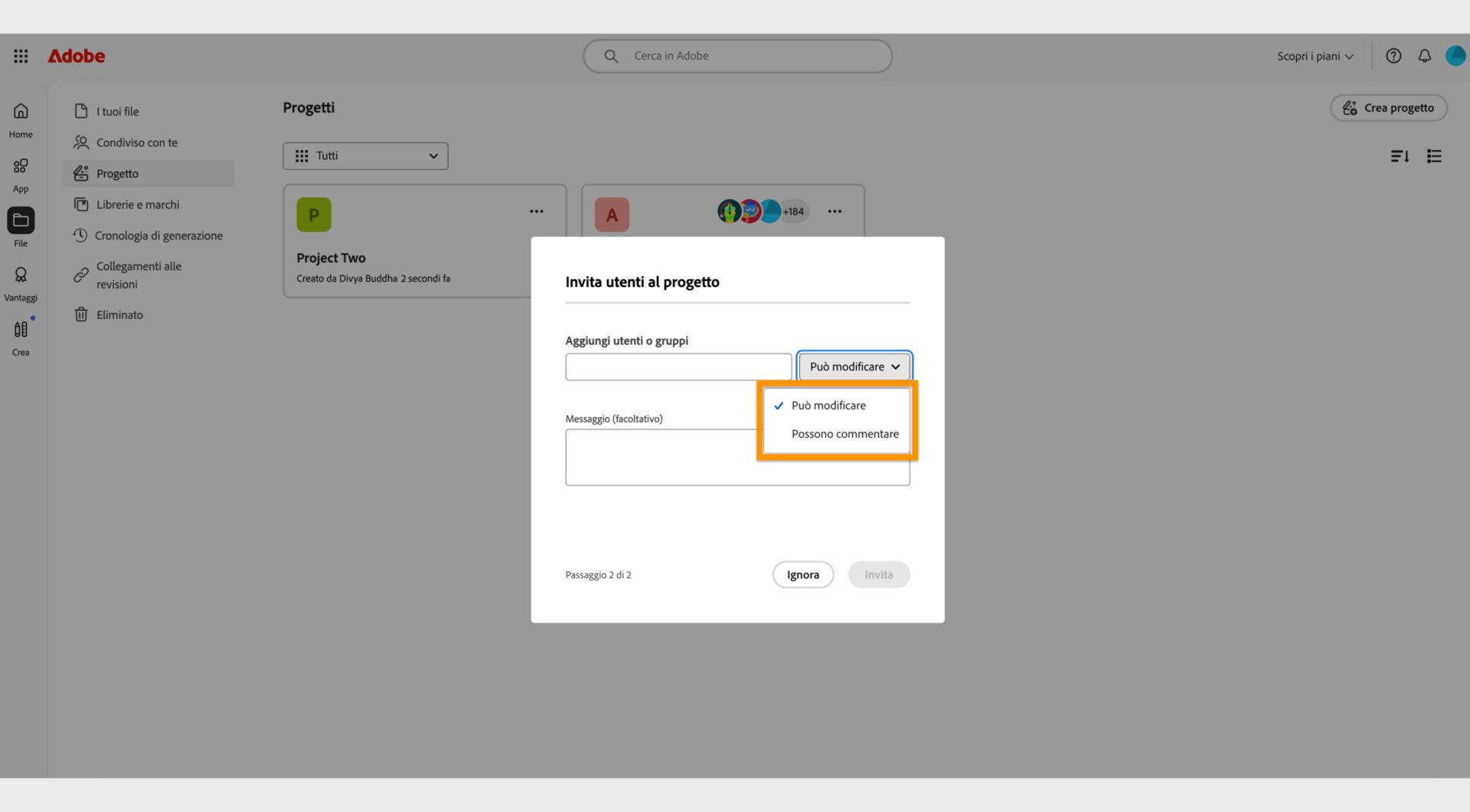 Il menu a discesa evidenziato nella finestra di dialogo ti consente di concedere autorizzazioni di modifica o commento ai collaboratori. 