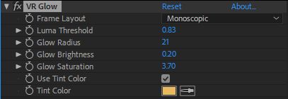 Параметры эффекта «Свечение VR»