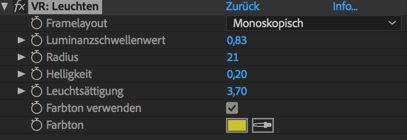 Einstellungen für „VR: Leuchten“