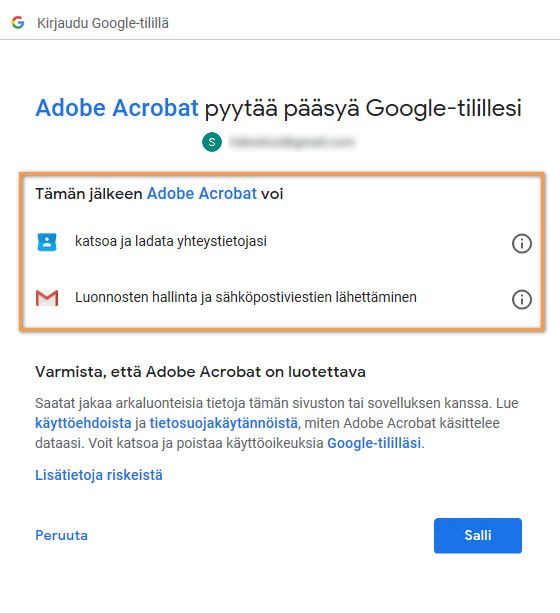 Acrobatin edellyttämät käyttöoikeudet Gmail-tilin lisäämistä varten