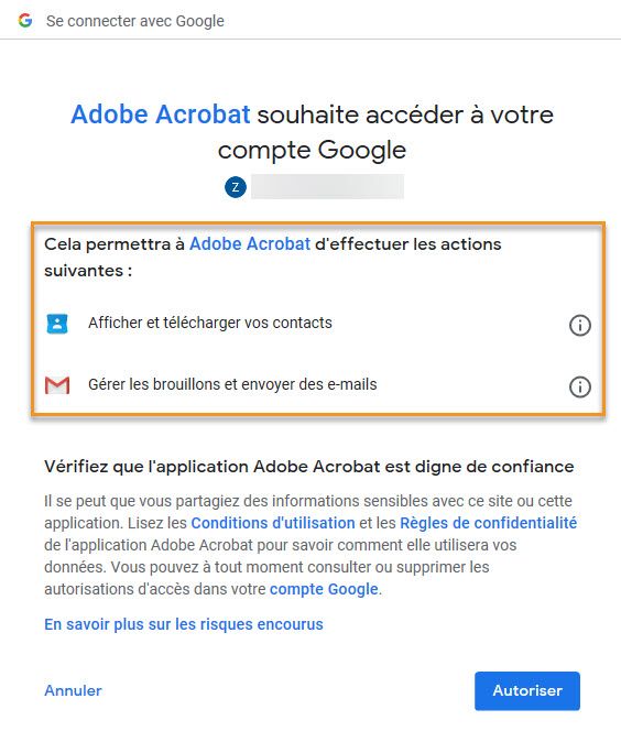 Autorisations requises par Acrobat pour ajouter un compte Gmail