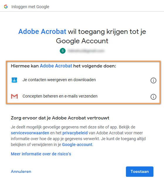 Machtigingen vereist door Acrobat om een Gmail-account toe te voegen