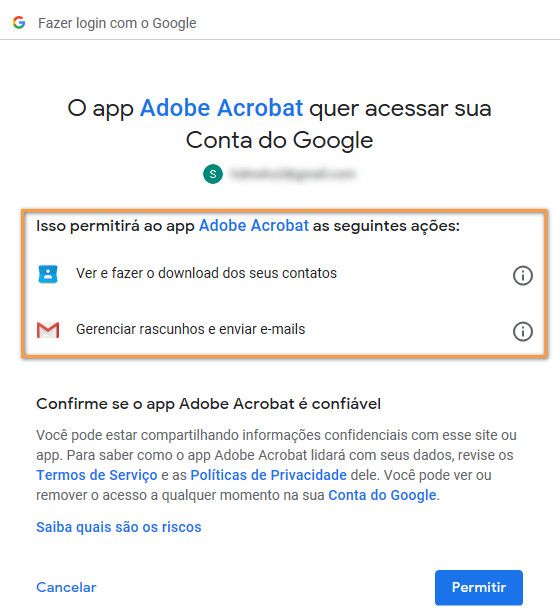 Permissões exigidas pelo Acrobat para adicionar conta do Gmail
