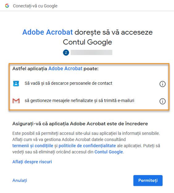 Permisiunile solicitate de Acrobat pentru a adăuga un cont Gmail