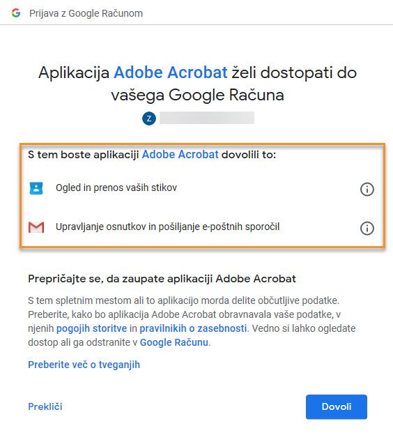 Dovoljenja, ki jih Acrobat zahteva za dodajanje računa Gmail