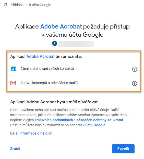 Oprávnění požadovaná aplikací Acrobat k přidání účtu Gmail