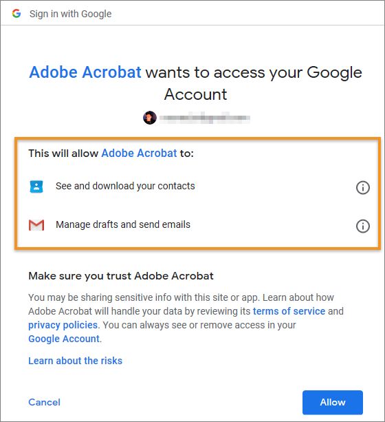 الأذونات مطلوبة من قبل Acrobat لإضافة حساب Gmail