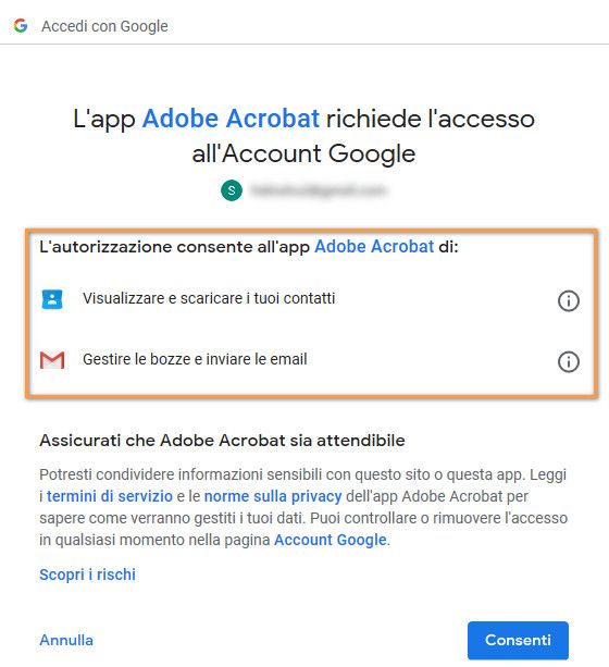 Autorizzazioni richieste da Acrobat per aggiungere l’account Gmail