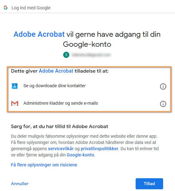 Tilladelser krævet af Acrobat for at tilføje Gmail-konto