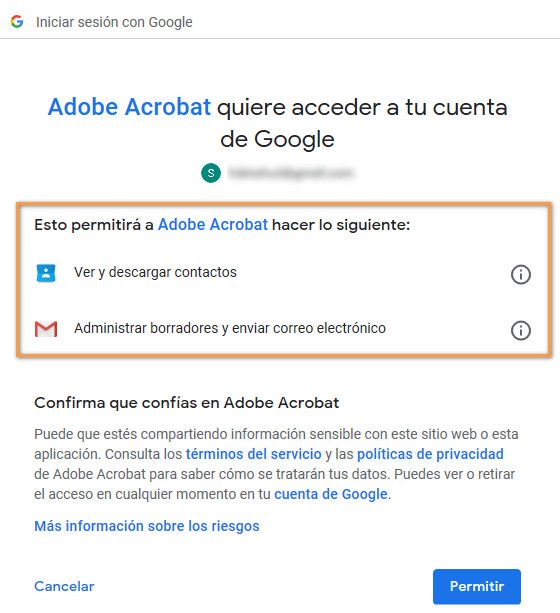 Permisos que Acrobat requiere para agregar una cuenta de Gmail