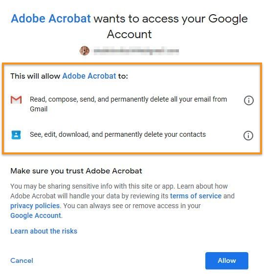 Permissões exigidas pelo Acrobat para adicionar conta do Gmail