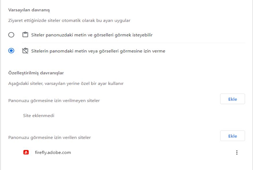 Google Chrome tarayıcıda pano ayarları.