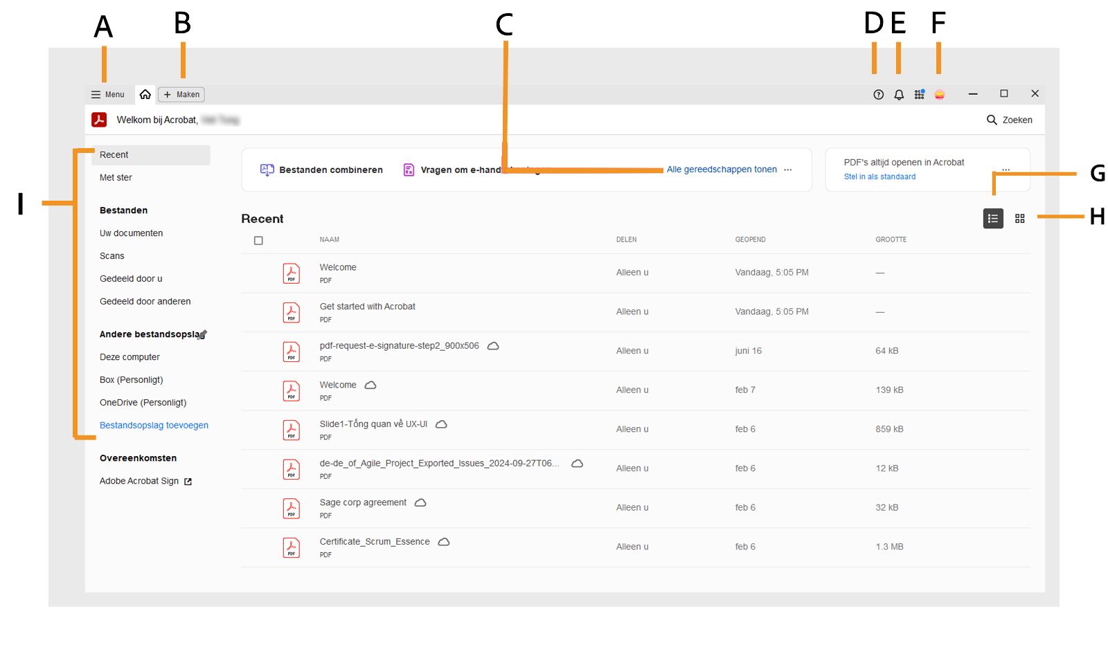 Startpagina van de Adobe Acrobat-desktopapplicatie.