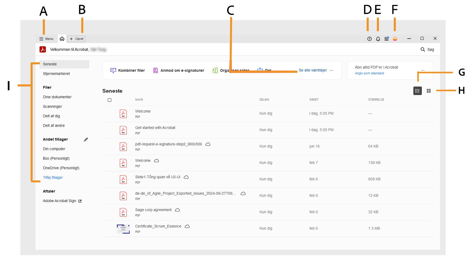 Startside for Adobe Acrobat-computerappen.