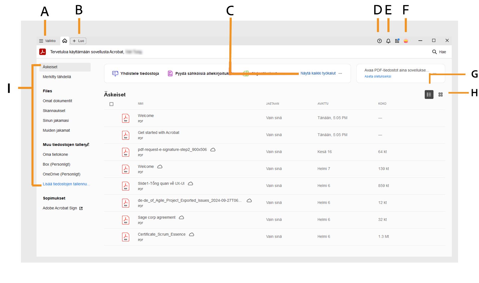Adobe Acrobat -tietokonesovelluksen aloitussivu.