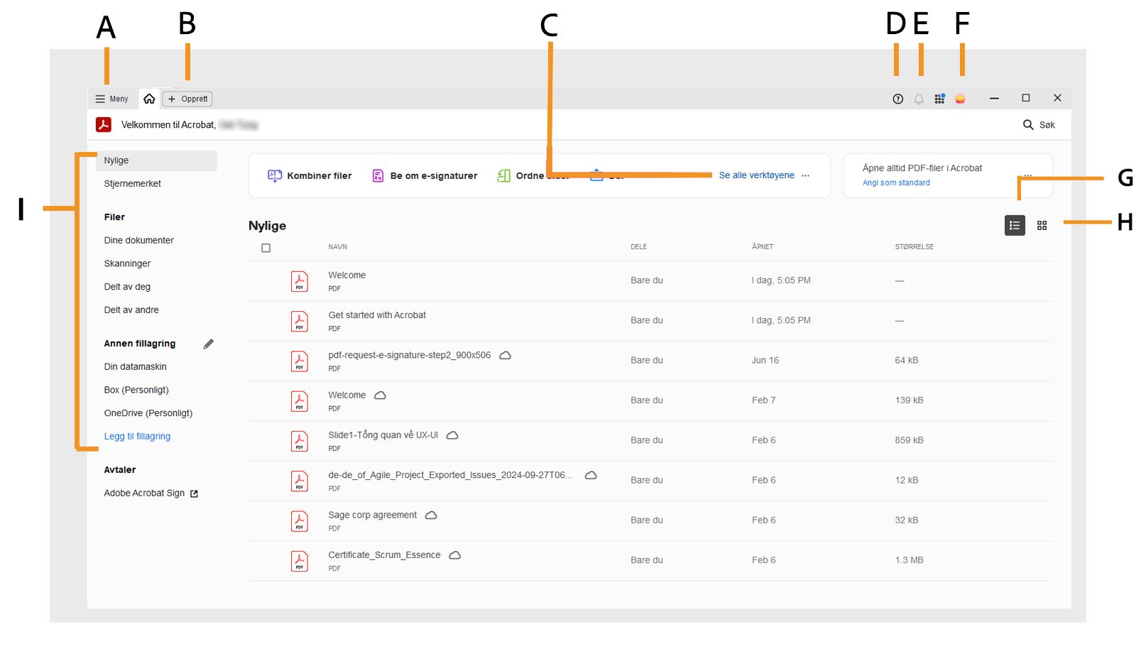 Startsiden for skrivebordsprogrammet Adobe Acrobat