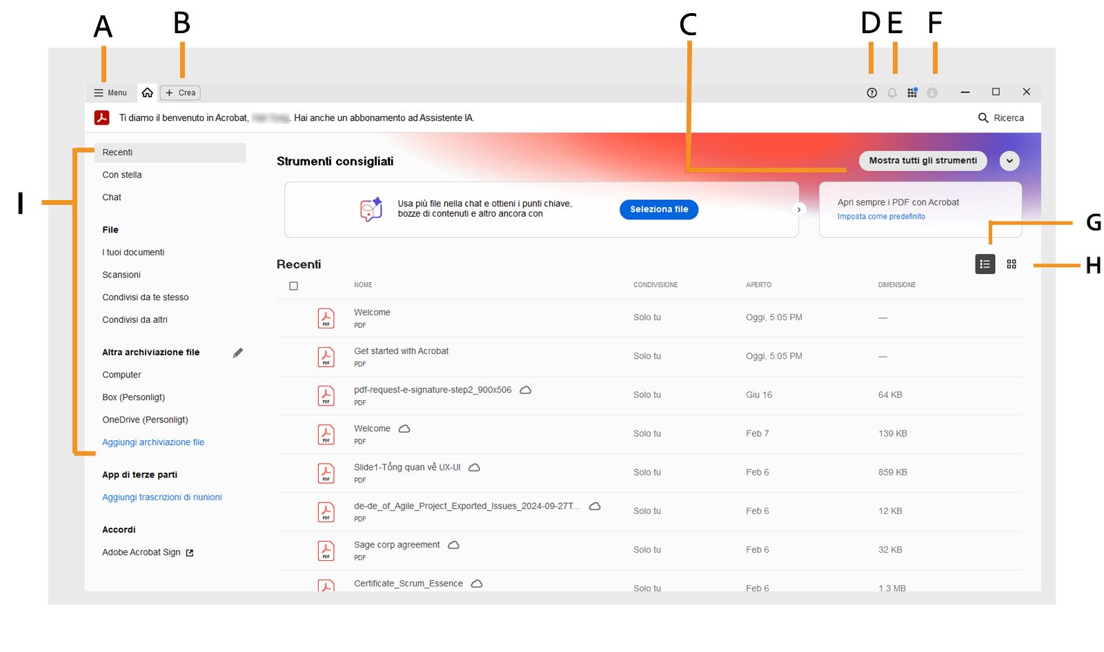 Pagina Home dell’applicazione desktop Adobe Acrobat