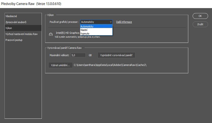 Nastavení GPU v dialogovém okně Předvolby Camera Raw