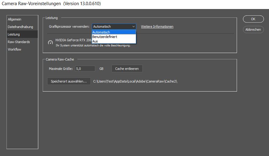 Die GPU-Einstellung im Dialogfeld „Camera Raw-Voreinstellungen“