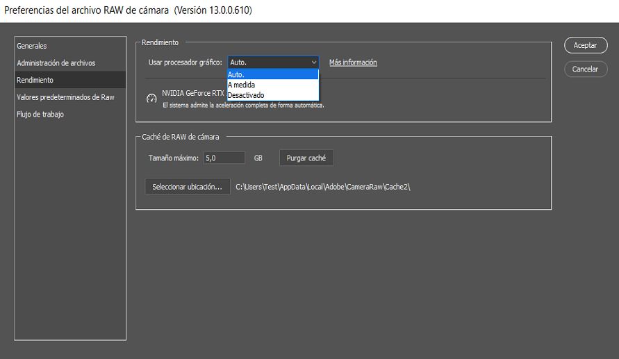 Ajuste de GPU en el cuadro de diálogo Preferencias de Camera Raw