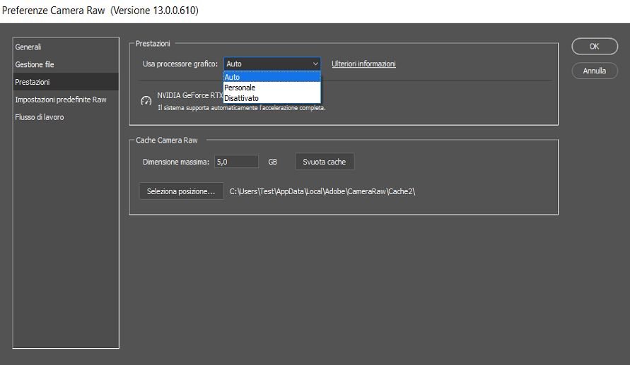 Impostazione GPU nella finestra di dialogo Preferenze di Camera Raw
