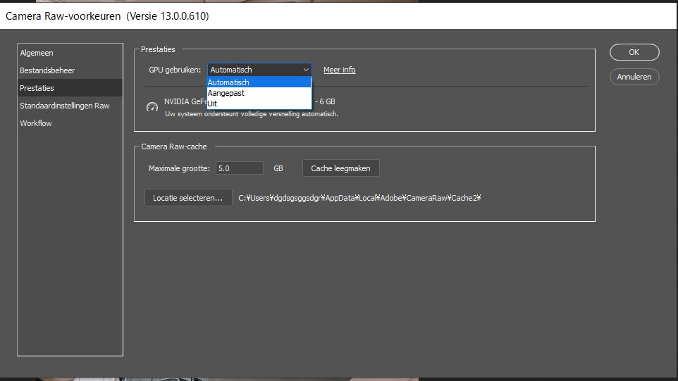 De GPU-instelling in het Camera Raw-dialoogvenster Voorkeuren
