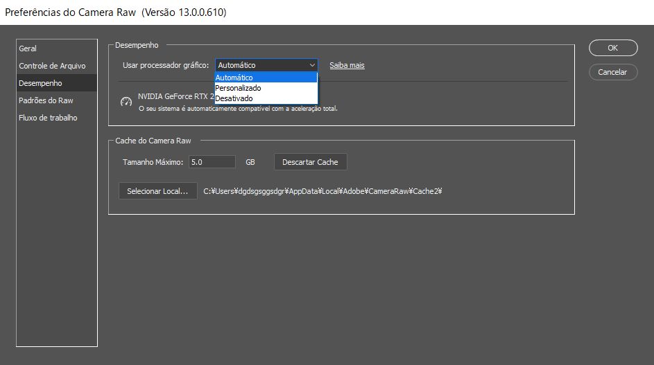 A configuração de GPU na caixa de diálogo Preferências do Camera Raw