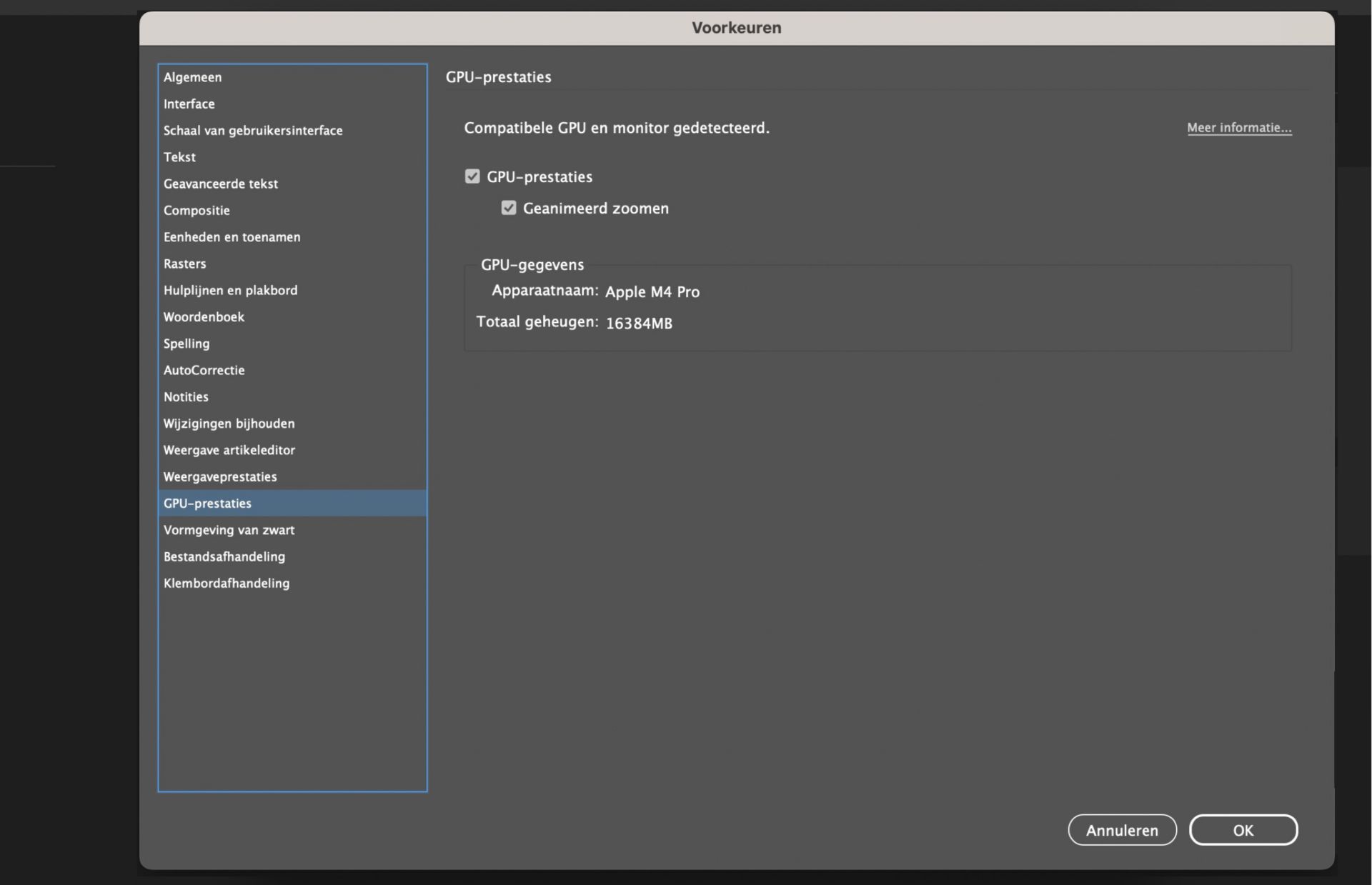 dialoogvenster voorkeuren markeren gpu