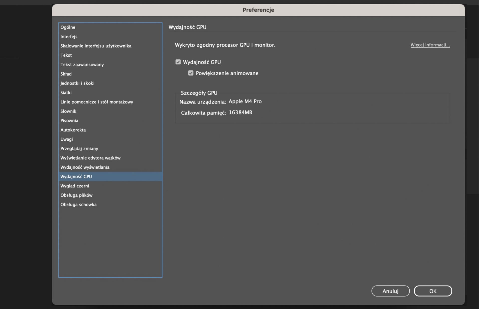 Okno dialogowe Preferencje z wyróżnioną opcją GPU