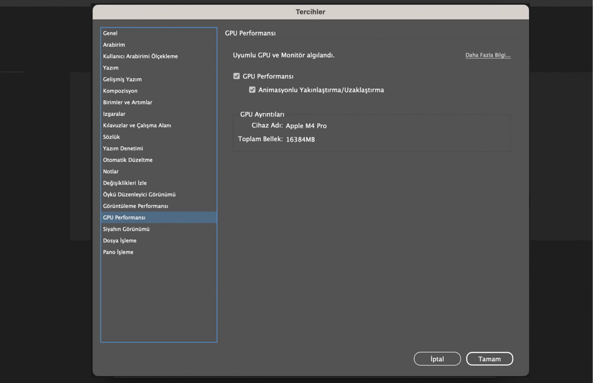 gpu'nun vurgulandığı tercihler iletişim kutusu