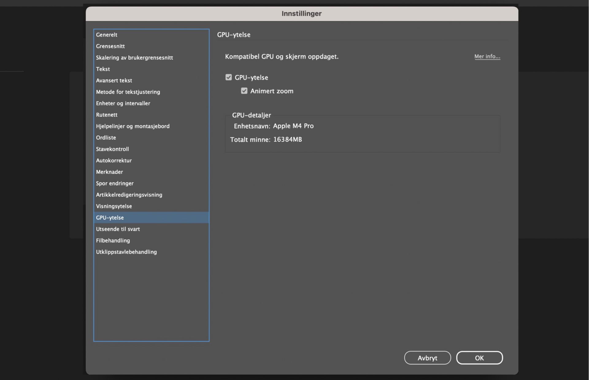 Innstillingsdialogboksen med GPU fremhevet