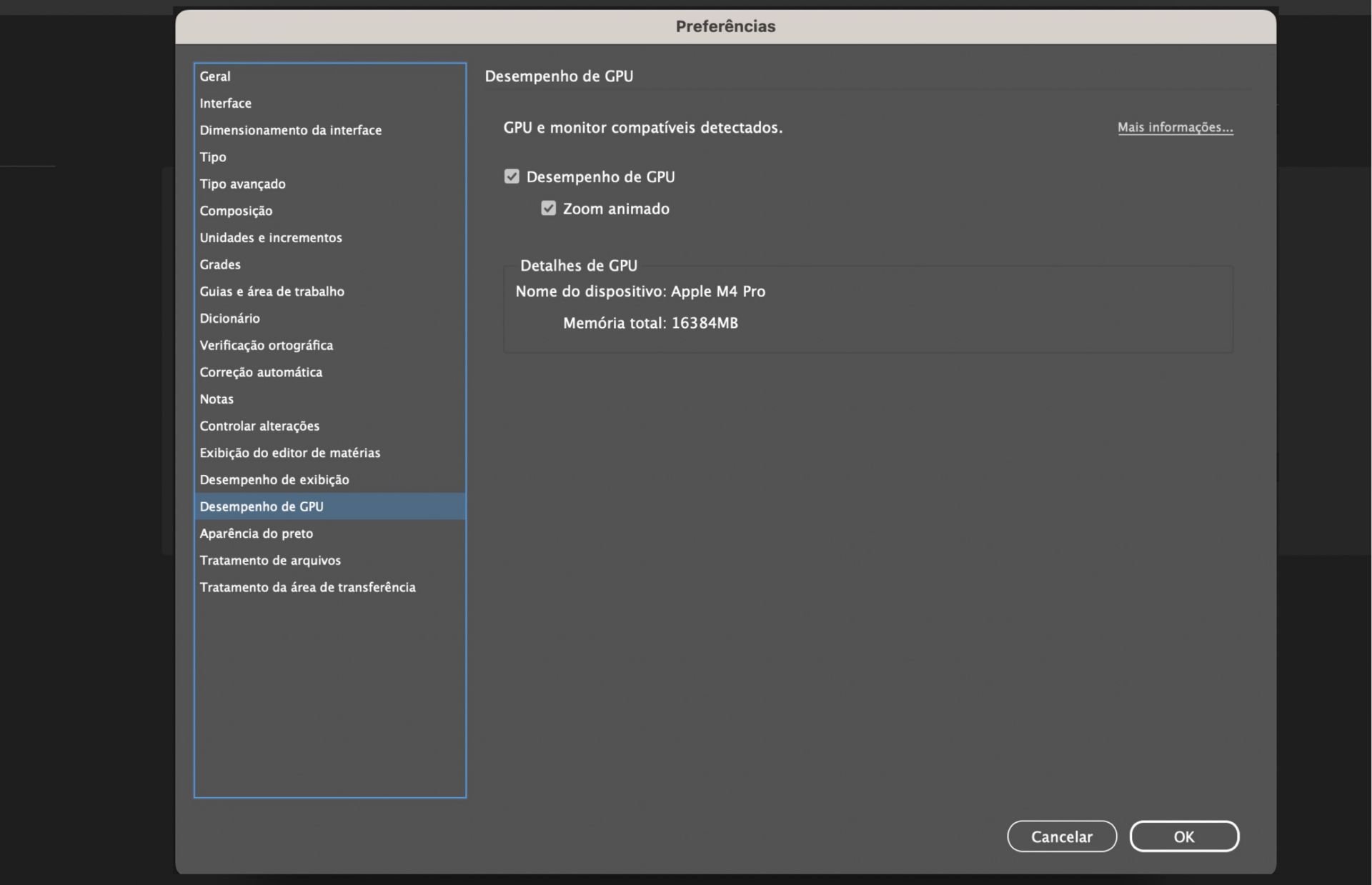 janela de preferências com destaque para GPU