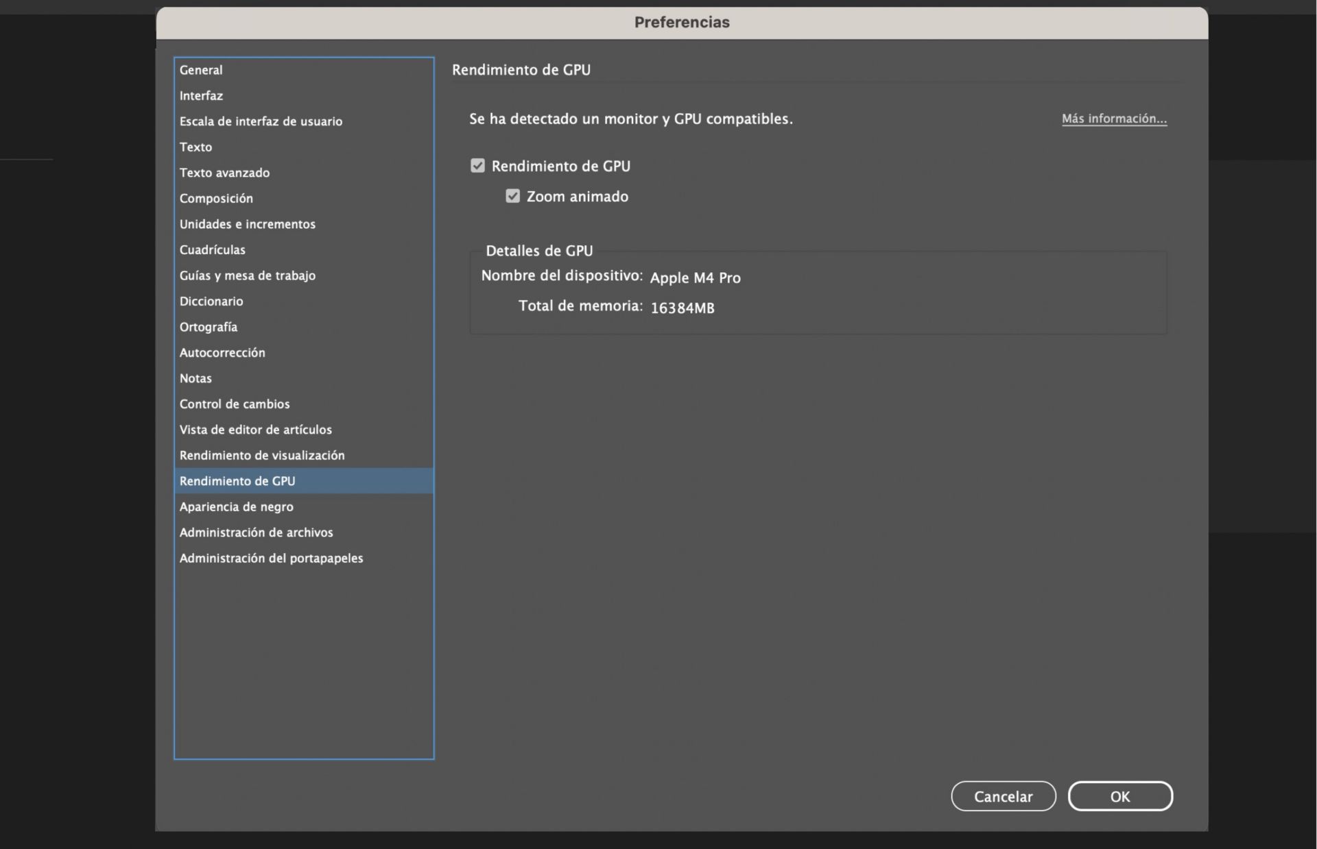Cuadro de diálogo de preferencias con la opción de GPU resaltada