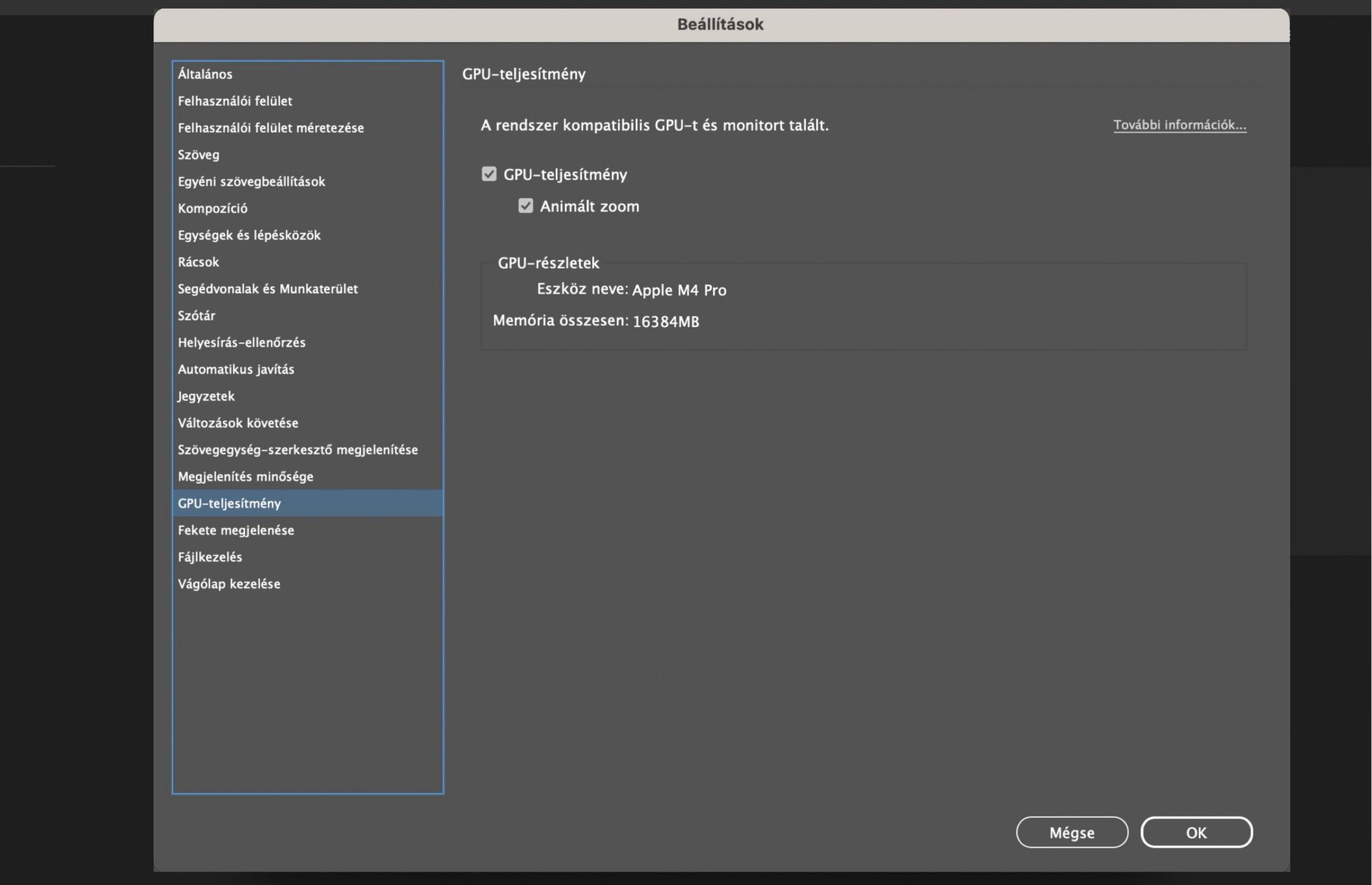 beállítások párbeszédpanel a gpu kiemelésével