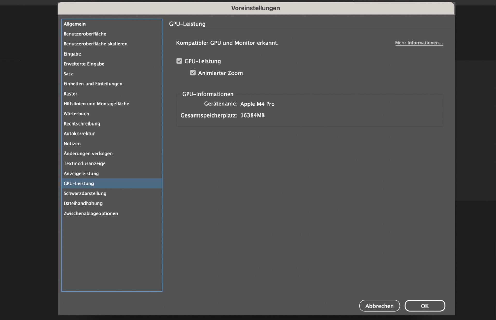 Dialogfeld „Voreinstellungen“ mit GPU-Markierung