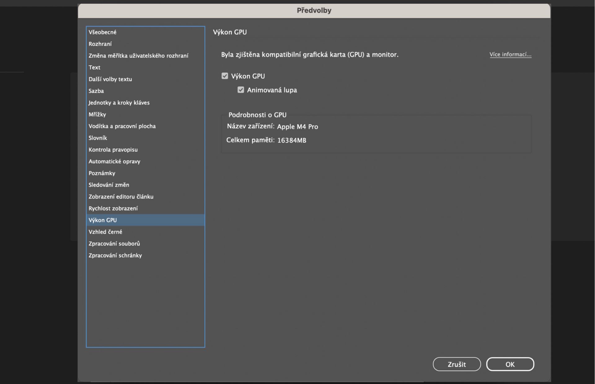 dialogové okno předvoleb zvýrazňující gpu