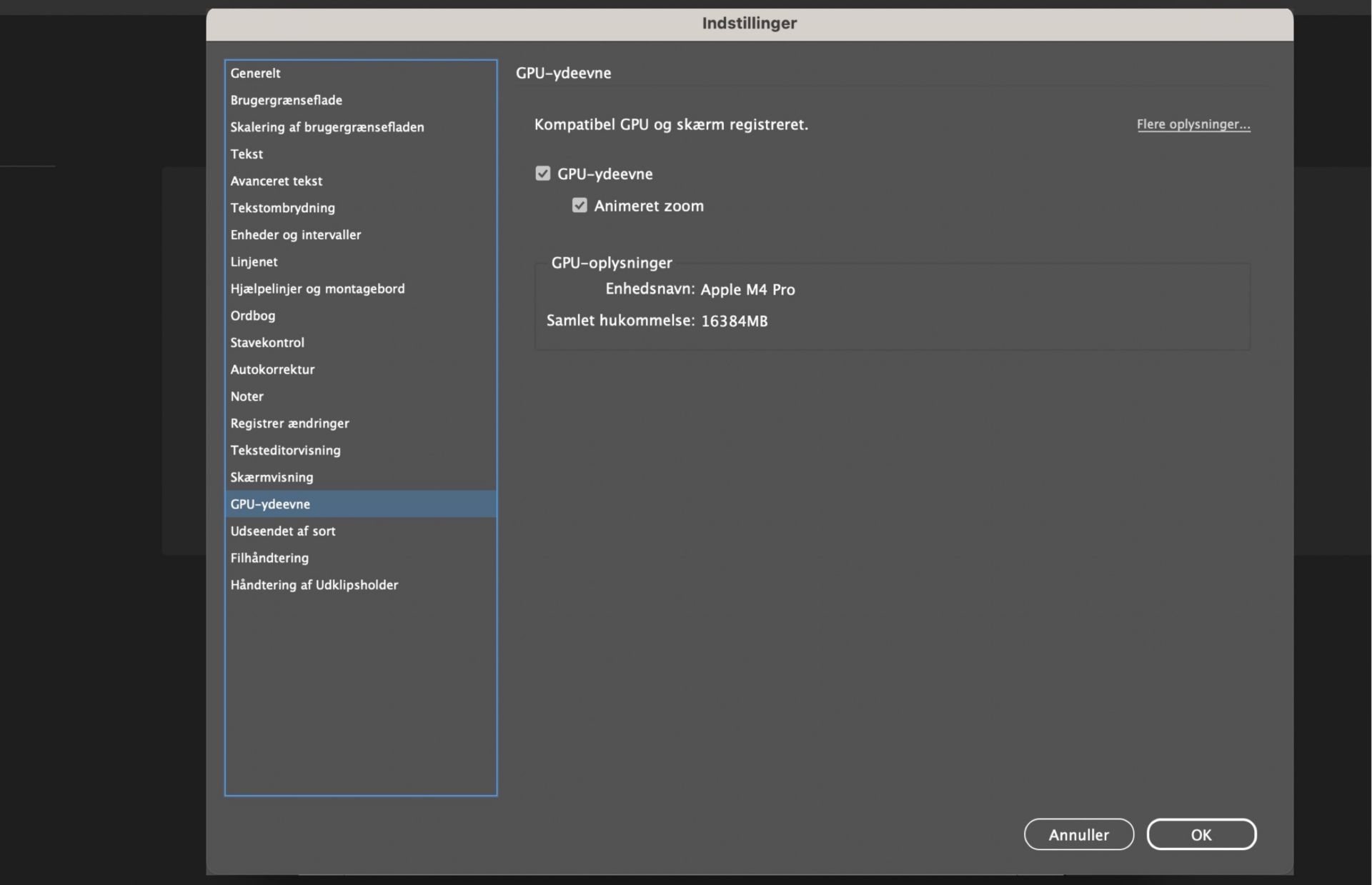 dialogboksen præferencer, der fremhæver gpu