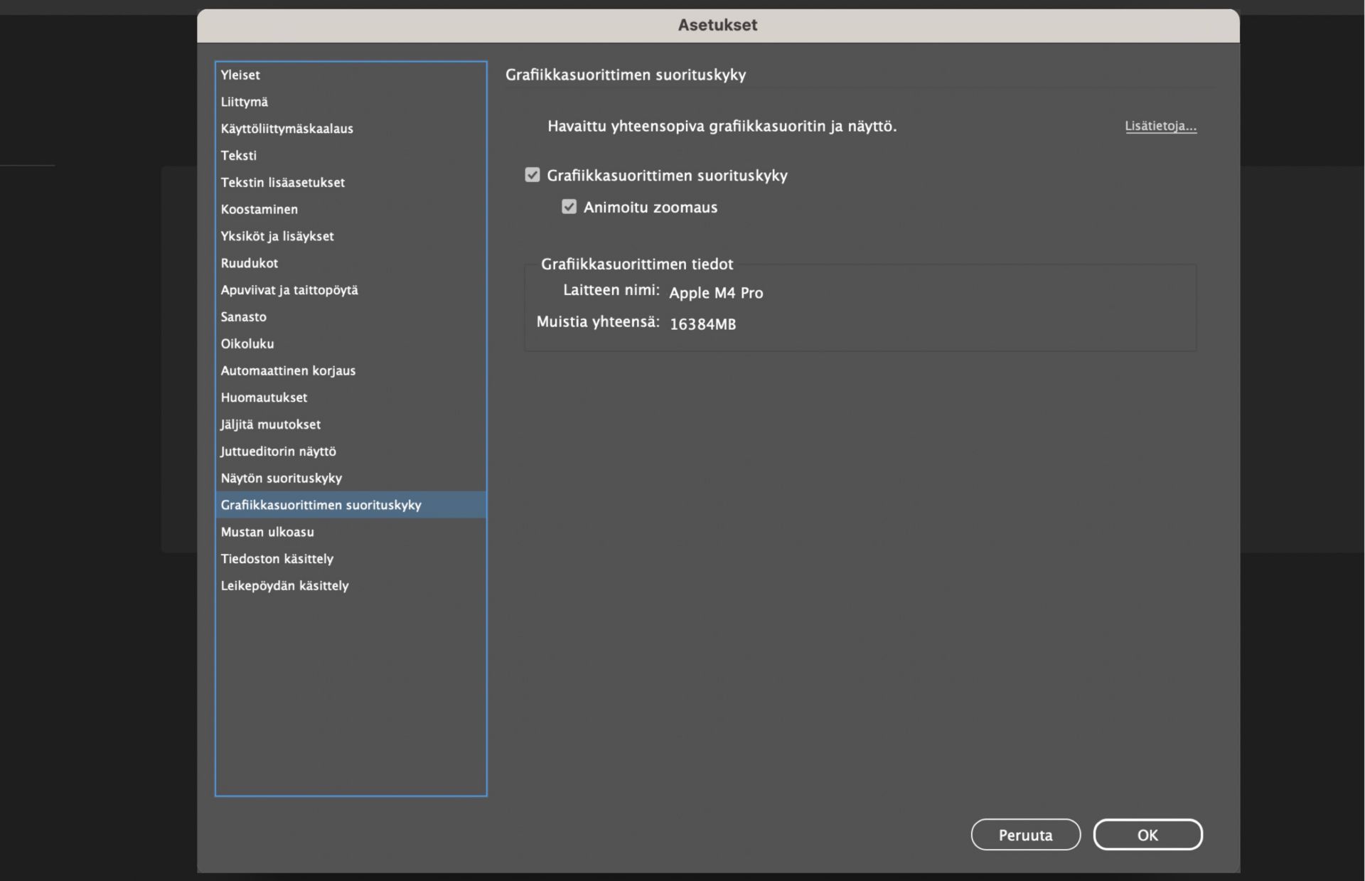 Asetukset-valintaikkuna, jossa grafiikkasuoritin näkyy korostettuna