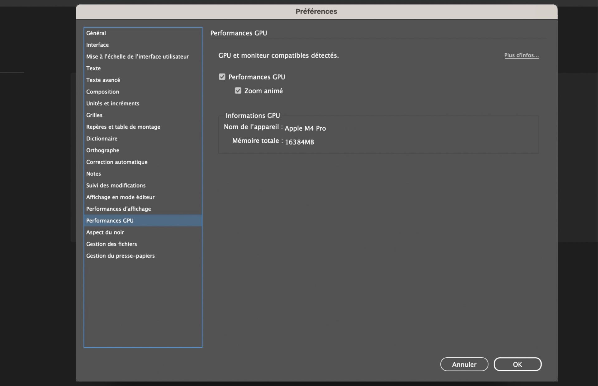 boîte de dialogue préférences mettant en surbrillance gpu