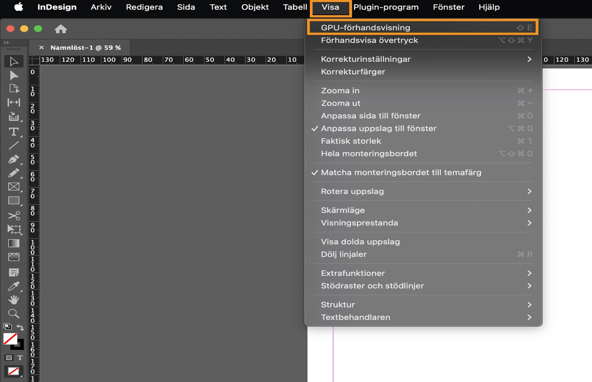 Om du vill växla till GPU-förhandsvisning går du till Visa > GPU-förhandsvisning.