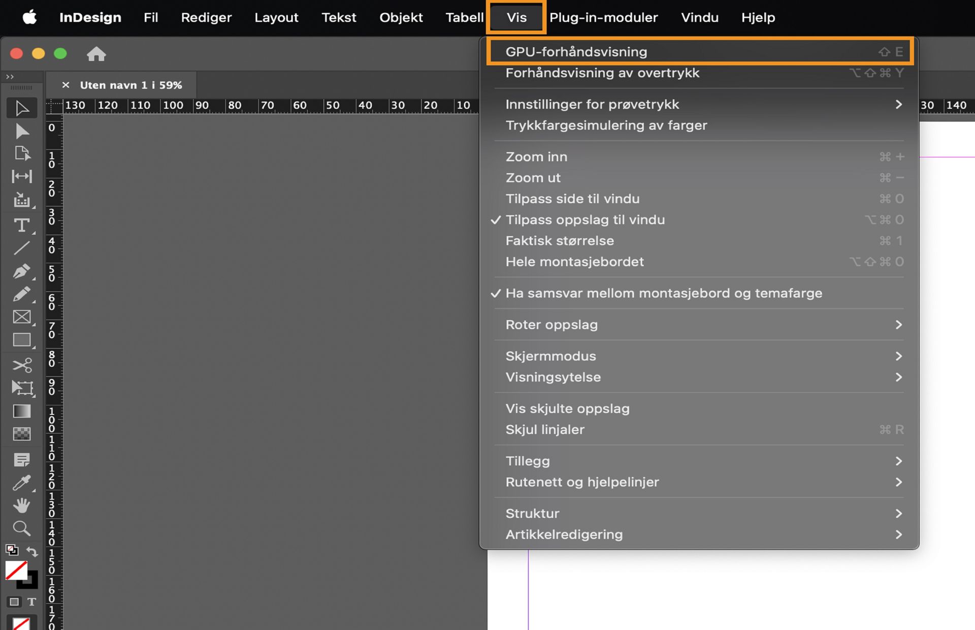 Hvis du vil bytte til GPU-forhåndsvisning, går du til Vis > GPU-forhåndsvisning.