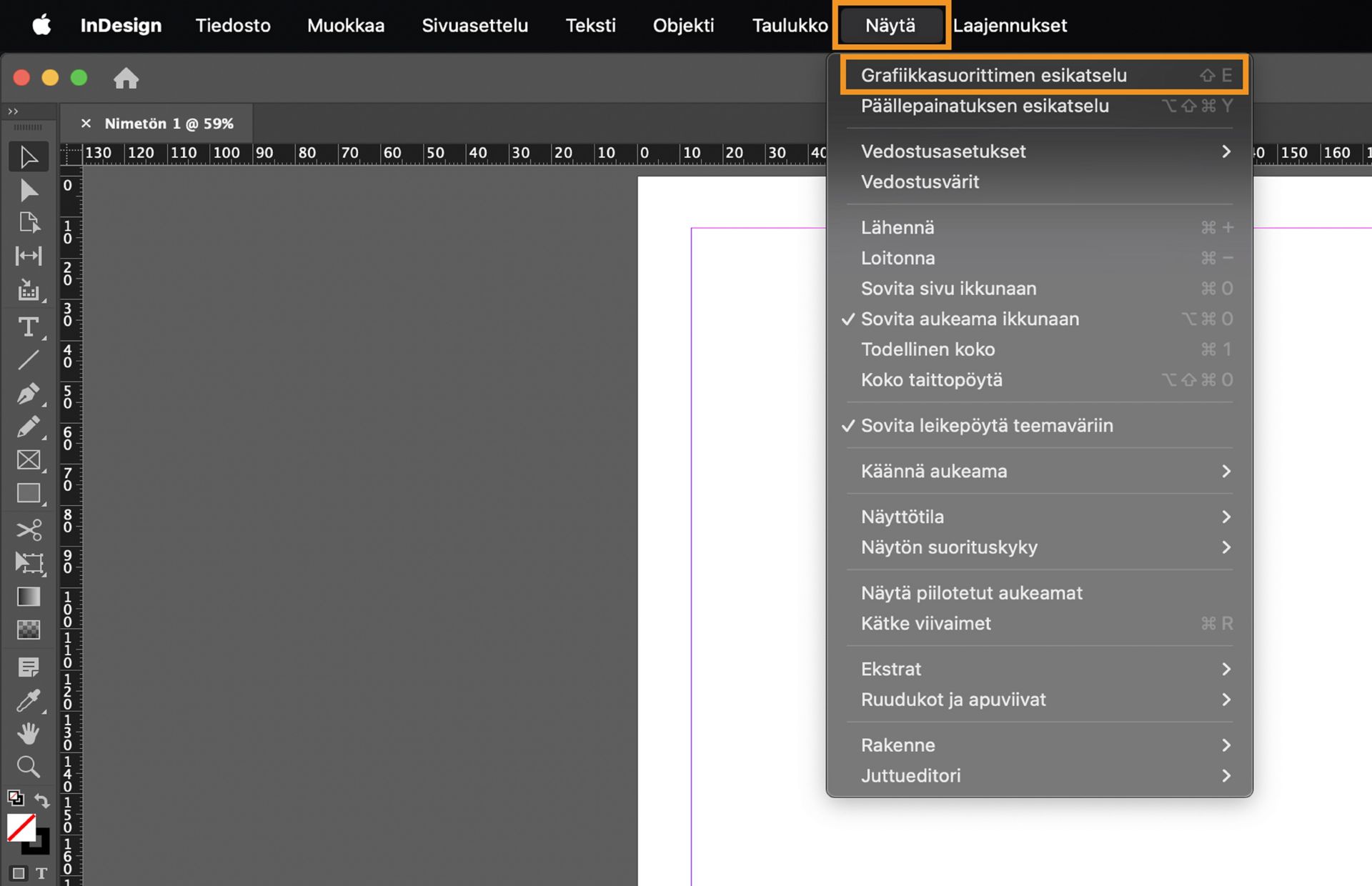 Jos haluat siirtyä Grafiikkasuorittimen esikatselu ‑tilaan, valitse Näytä > Grafiikkasuorittimen esikatselu.