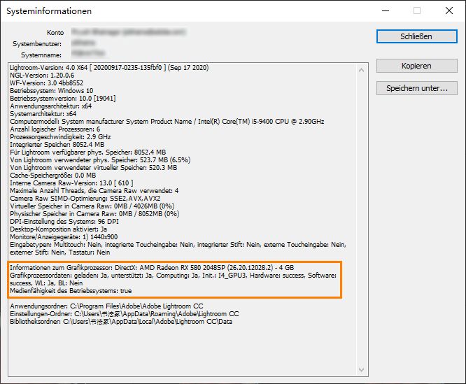 Fehlerbehebung von Lightroom-GPU