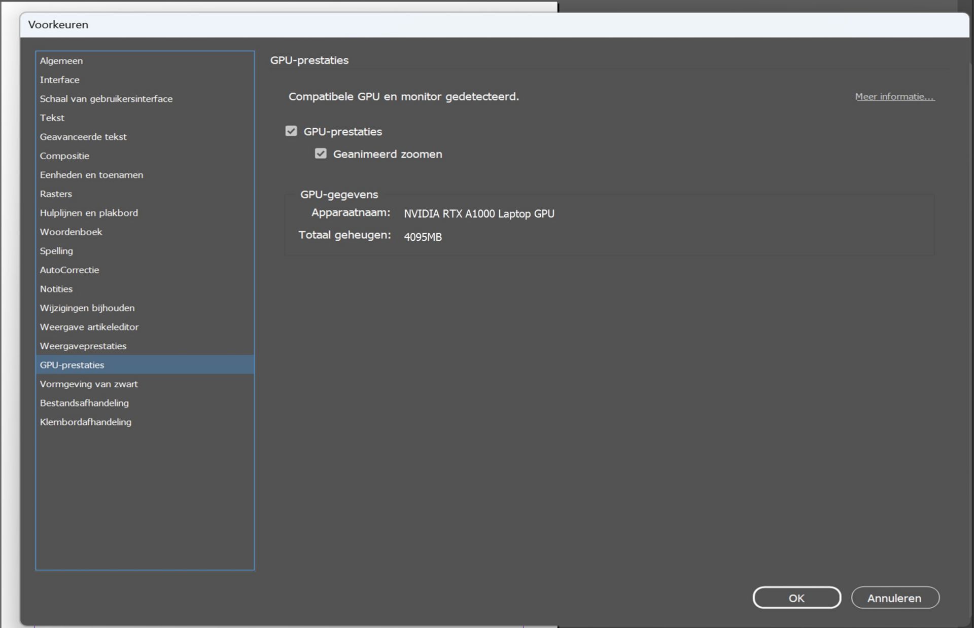 dialoogvenster voorkeuren markeren gpu
