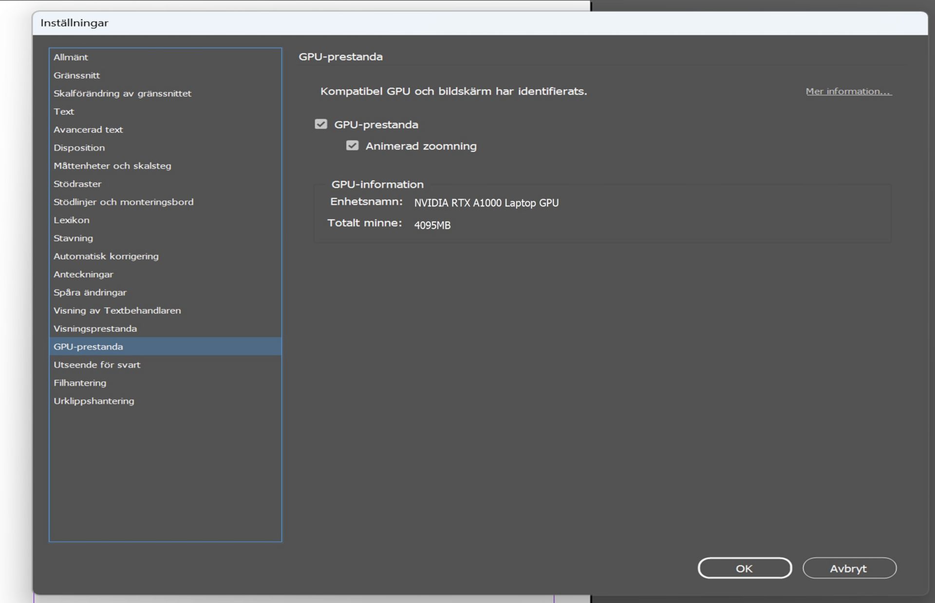 dialogruta för inställningar som lyfter fram grafikprocessorn