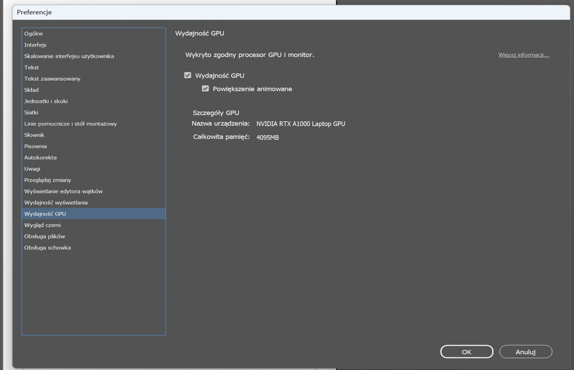 Okno dialogowe Preferencje z wyróżnioną opcją GPU