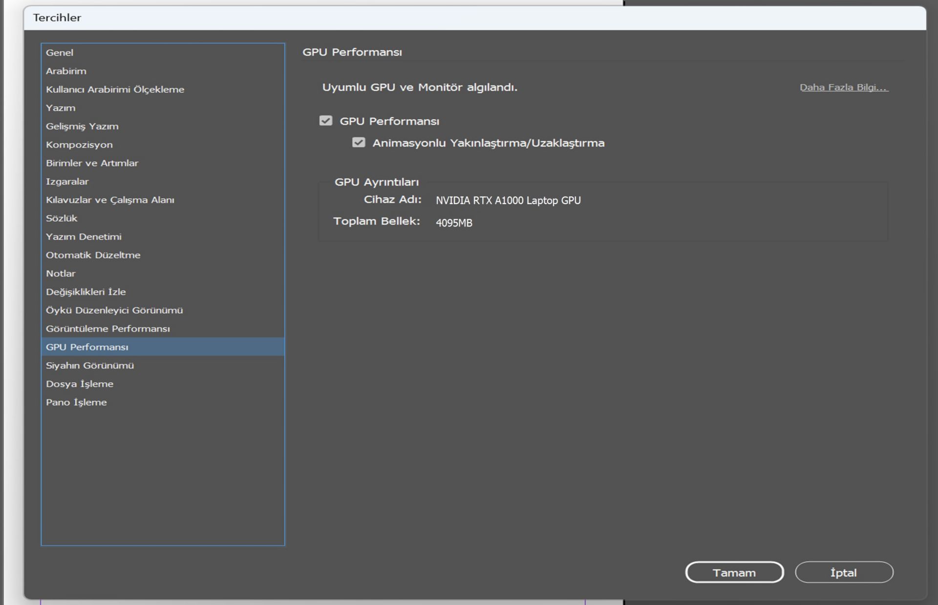 gpu'nun vurgulandığı tercihler iletişim kutusu